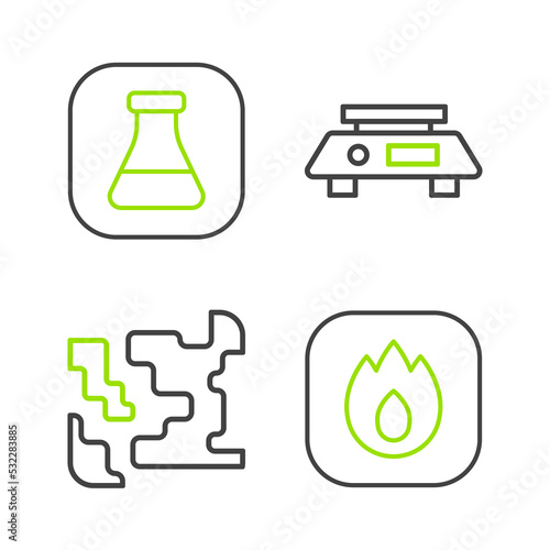 Set line Fire flame, Gaseous, Electronic scales and Test tube and flask icon. Vector