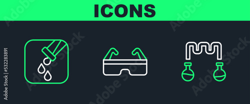 Set line Test tube and flask, and Safety goggle glasses icon. Vector