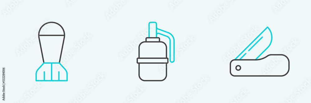 Set line Swiss army knife, Aviation bomb and Hand grenade icon. Vector Set line Swiss army knife, Aviation bomb and Hand grenade icon. Vector