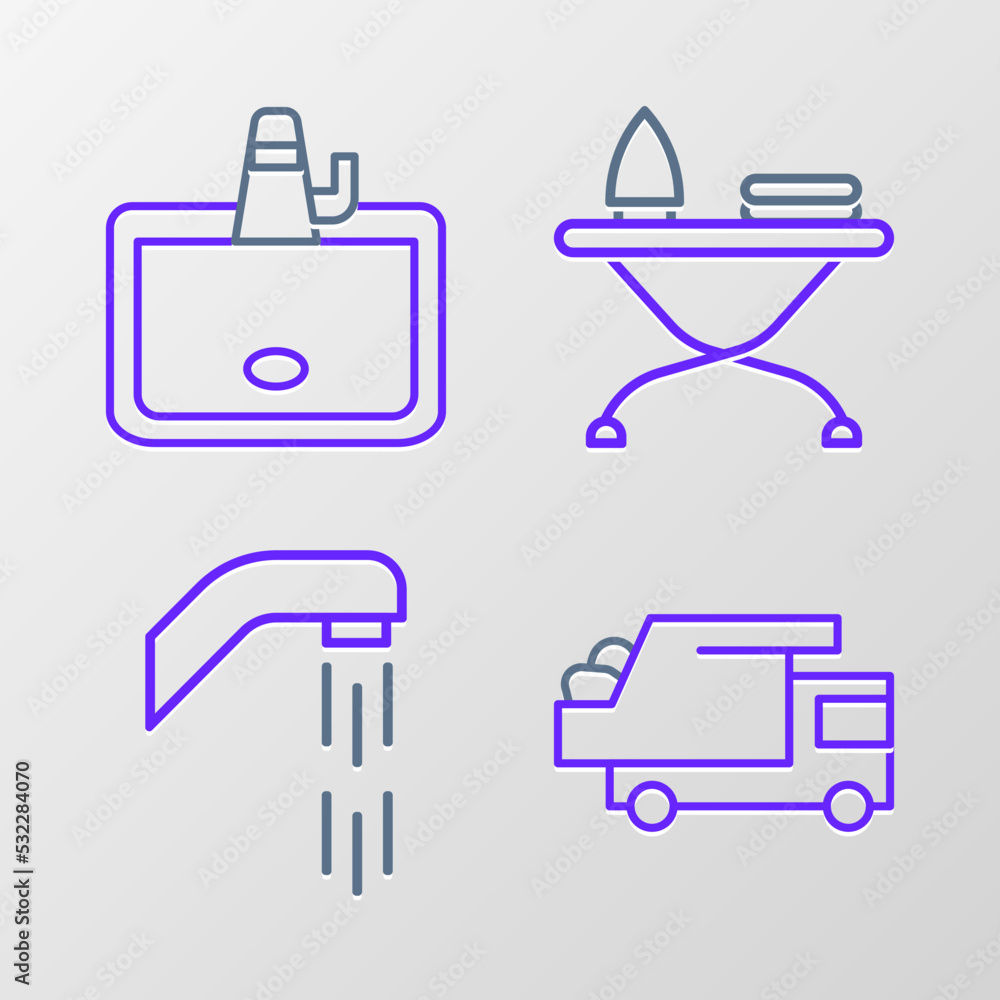 Set line Garbage truck, Shower head, Iron and ironing board and Washbasin icon. Vector