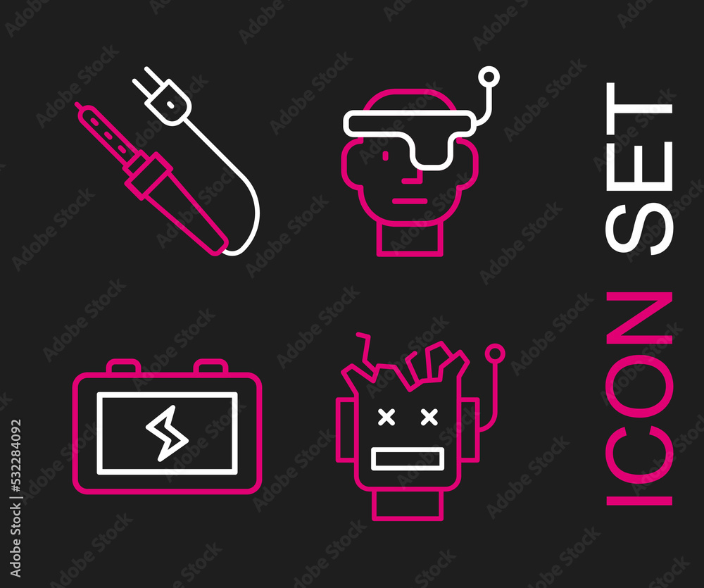 Set line Broken robot, Battery, Smart glasses and Soldering iron icon. Vector Set line Broken robot, Battery, Smart glasses and Soldering iron icon. Vector