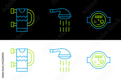 Set line Water meter, Heated towel rail and Shower icon. Vector
