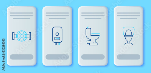 Set line Electric boiler, Toilet bowl, Industry pipe and valve and icon. Vector