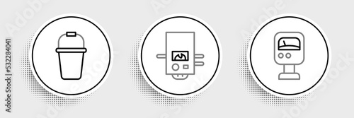 Set line Pressure water meter, Bucket and Gas boiler icon. Vector