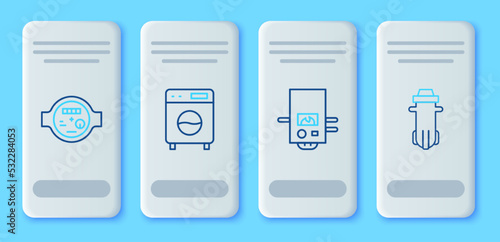 Set line Washer, Gas boiler, Water meter and filter icon. Vector