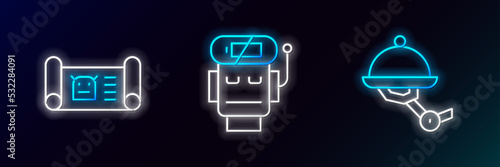 Set line Waiter robot, Robot blueprint and low battery charge icon. Glowing neon. Vector