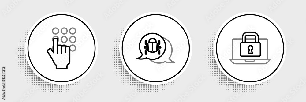 Set line Laptop and lock, Password protection and System bug icon. Vector Set line Laptop and lock, Password protection and System bug icon. Vector
