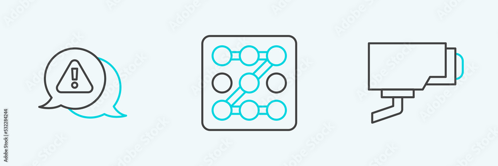 Set line Security camera, Exclamation mark in triangle and Graphic password protection icon. Vector Set line Security camera, Exclamation mark in triangle and Graphic password protection icon. Vector