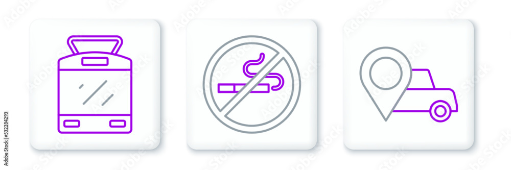 Set line Location with taxi, Tram and railway and No Smoking icon. Vector Set line Location with taxi, Tram and railway and No Smoking icon. Vector