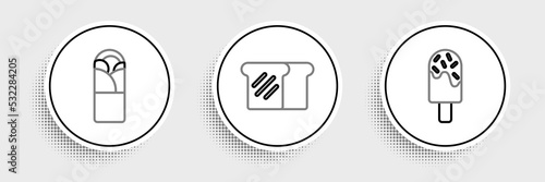 Set line Ice cream, Doner kebab and Bread toast icon. Vector