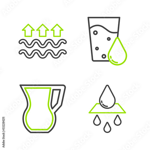 Set line Recycle clean aqua, Jug glass with water, Glass and Waves of and evaporation icon. Vector