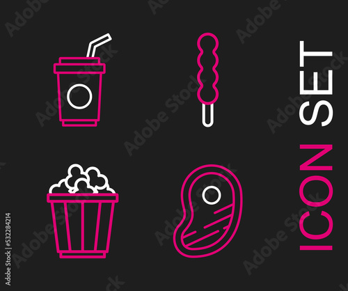 Set line Steak meat, Popcorn in box, Lollipop and Paper glass with straw icon. Vector