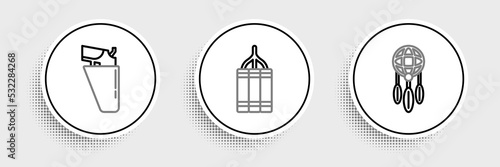 Set line Dream catcher with feathers, Revolver gun in holster and Dynamite bomb icon. Vector