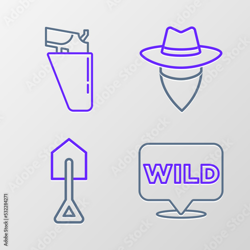 Set line Pointer to wild west, Shovel, Cowboy and Revolver gun holster icon. Vector
