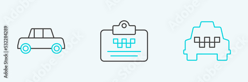 Set line Taxi car, Car and driver license icon. Vector