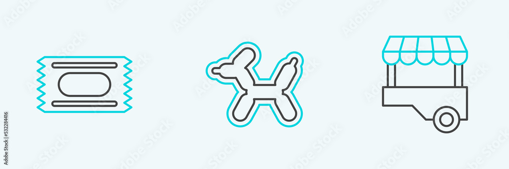 Set line Fast street food cart, Circus ticket and Balloon dog icon. Vector Set line Fast street food cart, Circus ticket and Balloon dog icon. Vector