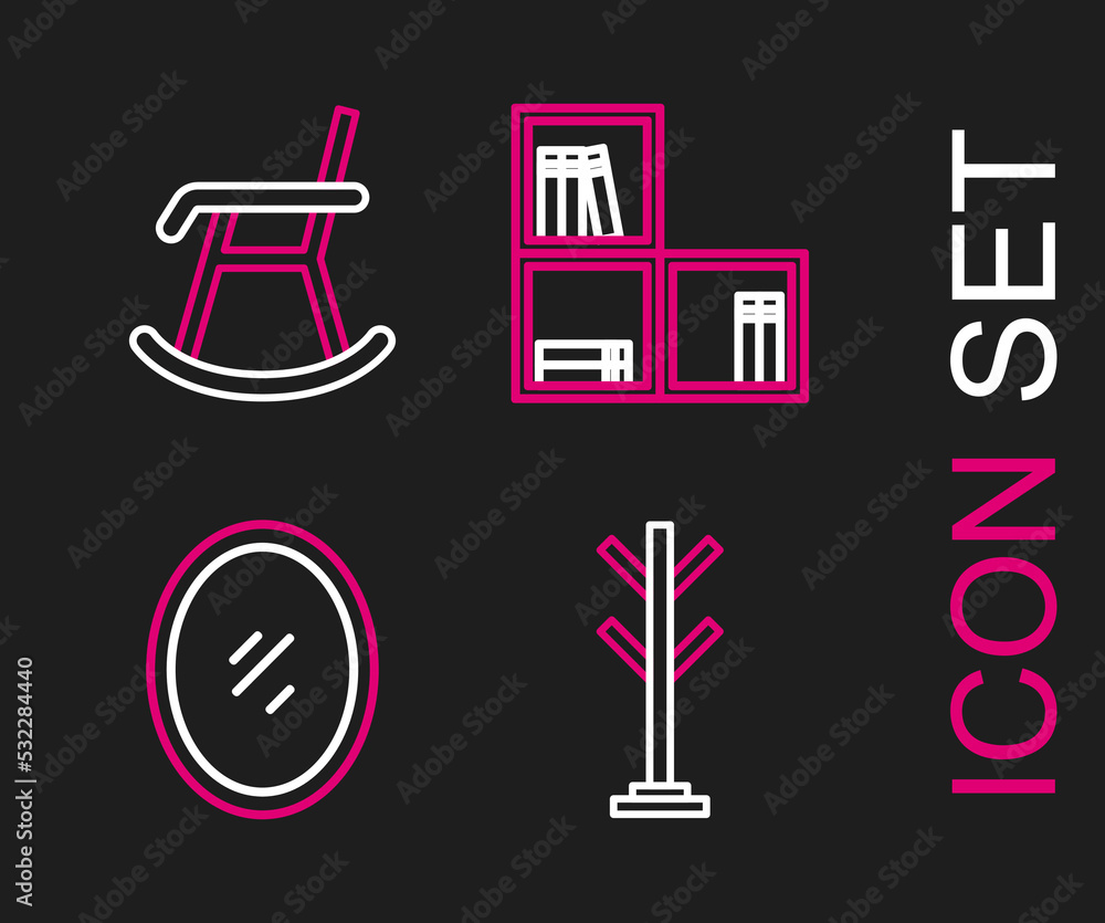 Set line Coat stand, Mirror, Shelf with books and Armchair icon. Vector Set line Coat stand, Mirror, Shelf with books and Armchair icon. Vector