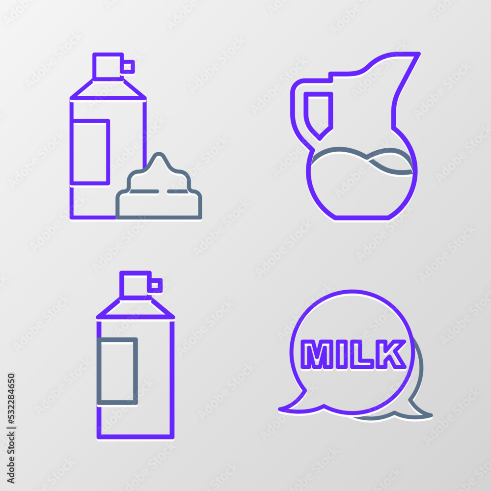 Set line Lettering milk, Whipped cream bottle, Milk jug or pitcher and icon. Vector Set line Lettering milk, Whipped cream bottle, Milk jug or pitcher and icon. Vector