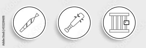 Set line Prison window, Marijuana joint and Baseball bat with nails icon. Vector