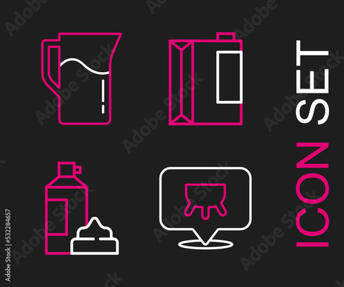 Set line Udder, Whipped cream in bottle, Paper package for kefir and Milk jug pitcher icon. Vector