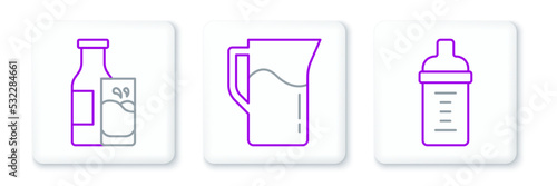 Set line Baby milk in a bottle, Bottle and glass and Milk jug or pitcher icon. Vector