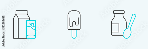 Set line Drinking yogurt in bottle, Paper package for kefir and Ice cream icon. Vector