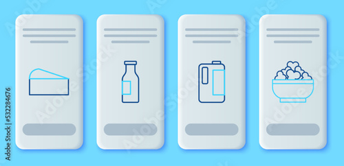 Set line Bottle with milk, Milk in plastic bottle, Cheese and Cottage cheese icon. Vector