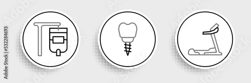 Set line Treadmill machine, IV bag and Dental implant icon. Vector