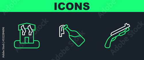 Set line Police shotgun, Arson home and Cocktail molotov icon. Vector