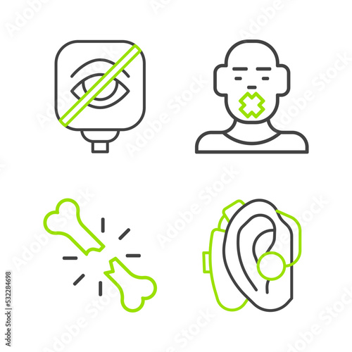 Set line Hearing aid, Human broken bone, Head of deaf and dumb and Blindness icon. Vector