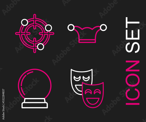 Set line Comedy theatrical masks, Magic ball, Jester hat with bells and Target sport for shooting competition icon. Vector