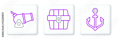 Set line Anchor, Cannon and Antique treasure chest icon. Vector
