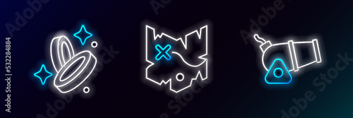 Set line Cannon, Pirate coin and treasure map icon. Glowing neon. Vector