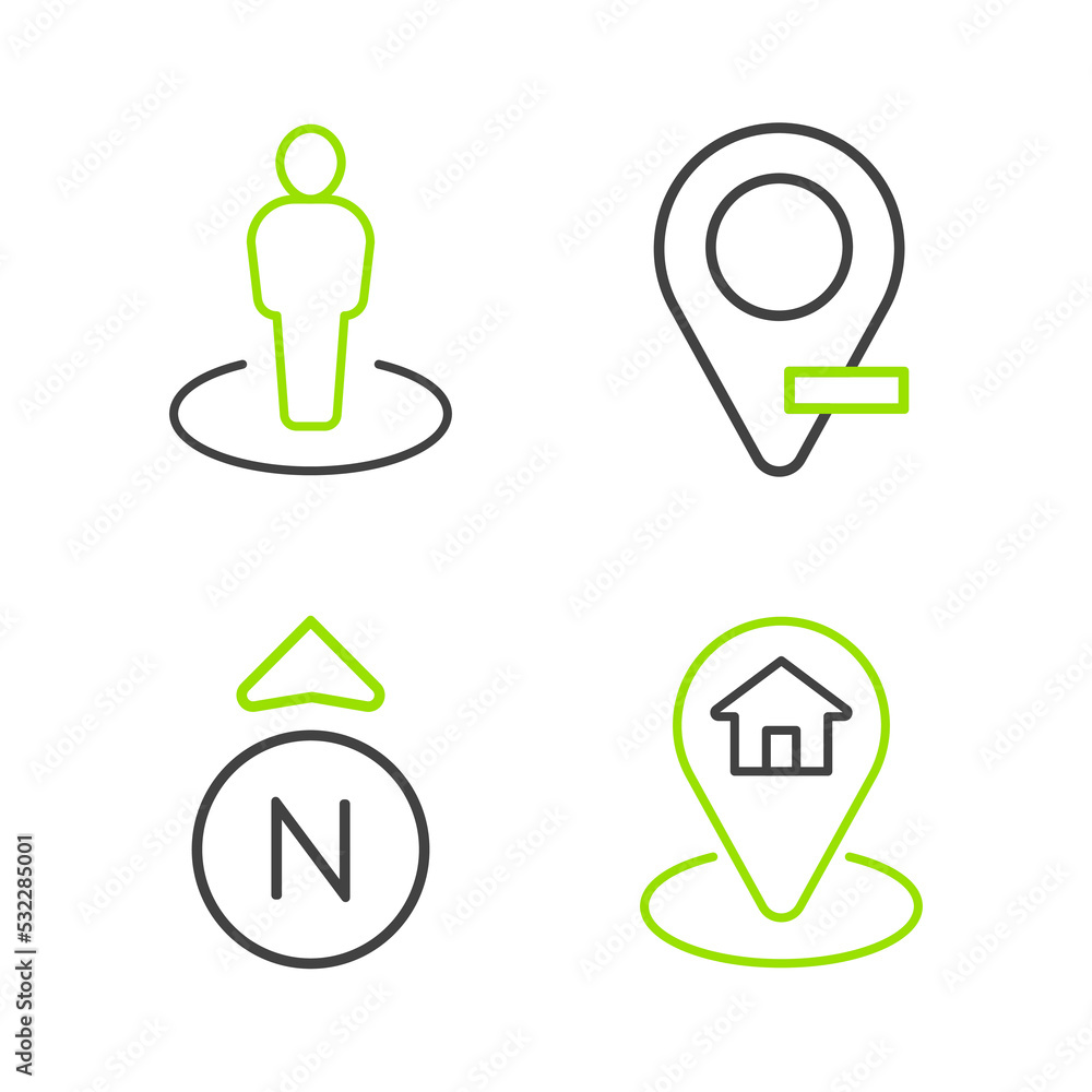Set line Location with house, Compass, and person icon. Vector Set line Location with house, Compass, and person icon. Vector