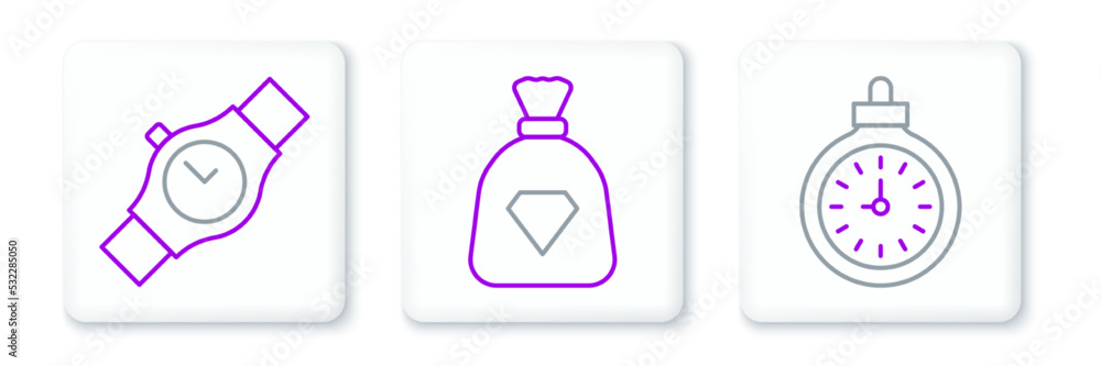 Set line Pocket watch, Wrist and Bag with gems icon. Vector Set line Pocket watch, Wrist and Bag with gems icon. Vector
