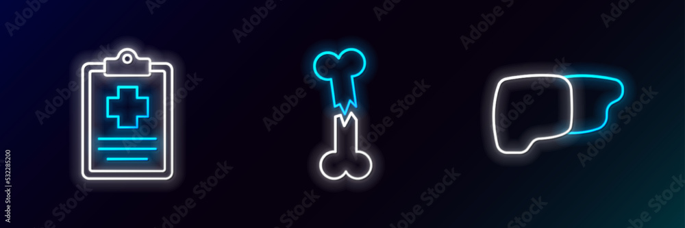 Set line Human organ liver, Patient record and broken bone icon. Glowing neon. Vector Set line Human organ liver, Patient record and broken bone icon. Glowing neon. Vector