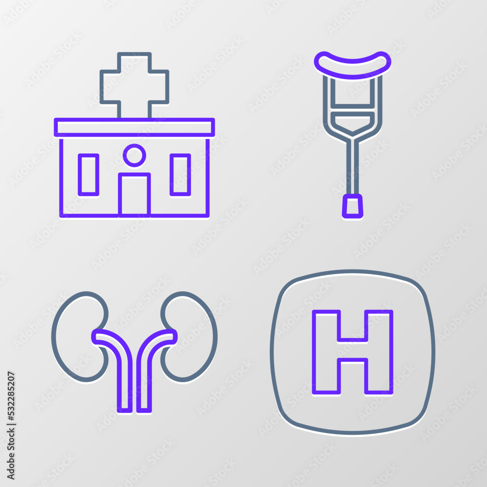 Set line Hospital signboard, Human kidneys, Crutch or crutches and building icon. Vector Set line Hospital signboard, Human kidneys, Crutch or crutches and building icon. Vector