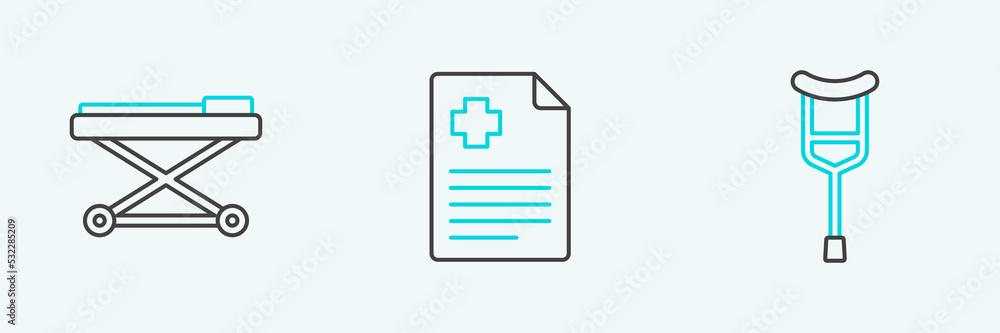 Set line Crutch or crutches, Stretcher and Patient record icon. Vector Set line Crutch or crutches, Stretcher and Patient record icon. Vector