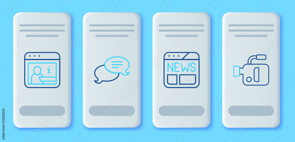 Set line Speech bubble chat, News, Information and Cinema camera icon. Vector