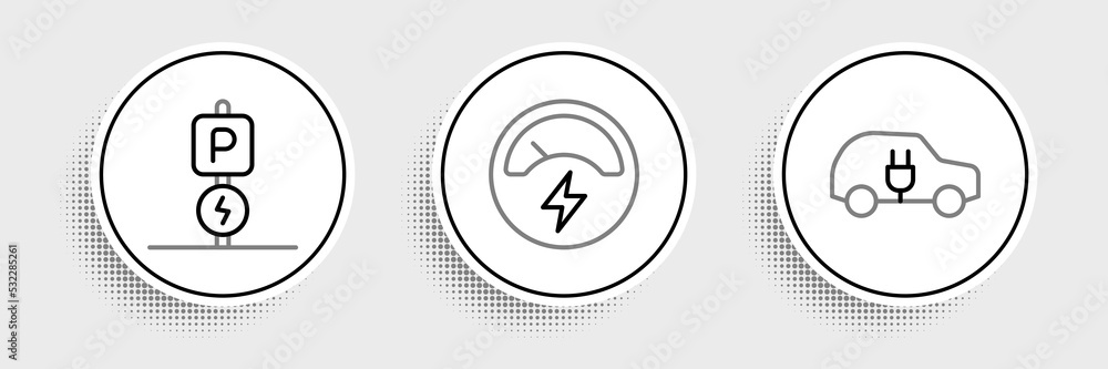 Set line Electric car, Charging parking electric and Voltmeter icon. Vector Set line Electric car, Charging parking electric and Voltmeter icon. Vector