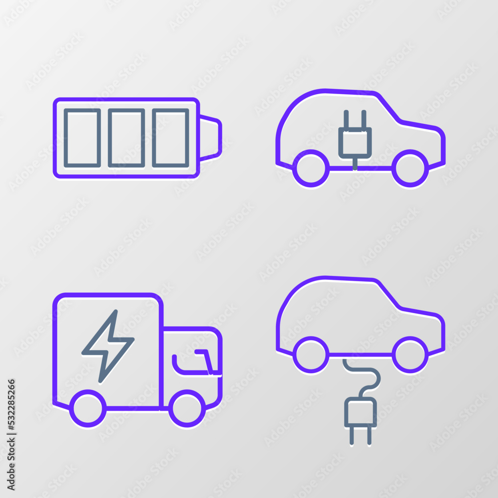 Set line Electric car, truck, and Battery charge icon. Vector