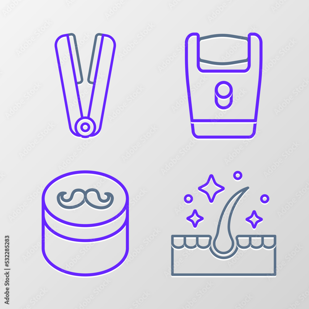 Set line Oil for hair care treatment, Gel wax styling, Electric razor blade and Curling iron icon. Vector Set line Oil for hair care treatment, Gel wax styling, Electric razor blade and Curling iron icon. Vector