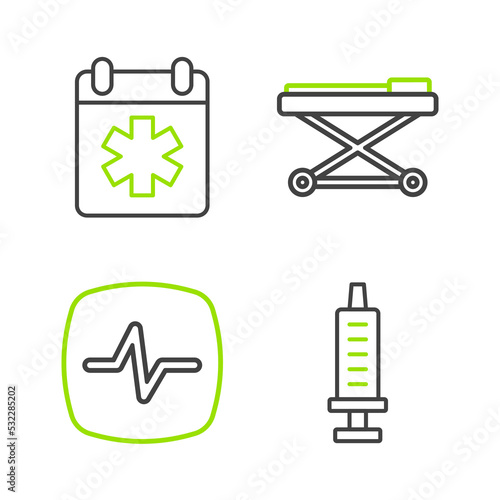 Set line Syringe, Heart rate, Stretcher and Doctor appointment icon. Vector