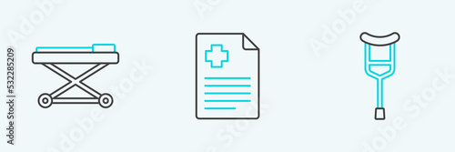 Set line Crutch or crutches, Stretcher and Patient record icon. Vector