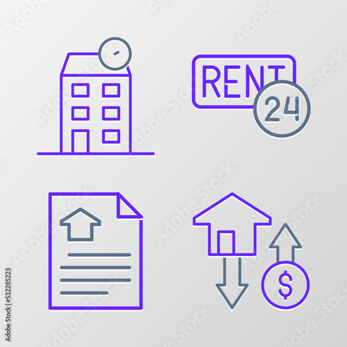 Set line House with dollar, contract, Rent and icon. Vector