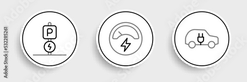 Set line Electric car, Charging parking electric and Voltmeter icon. Vector