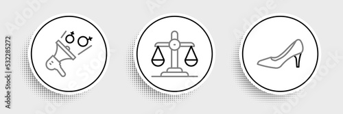 Set line Woman shoe, Feminist activist and Gender equality icon. Vector
