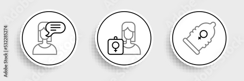 Set line Condom, Female opinion and Feminist activist icon. Vector