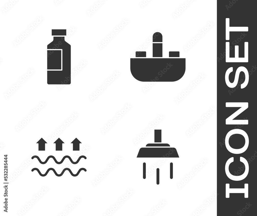 Set Shower, Bottle of water, Waves and evaporation and Washbasin with tap icon. Vector Set Shower, Bottle of water, Waves and evaporation and Washbasin with tap icon. Vector