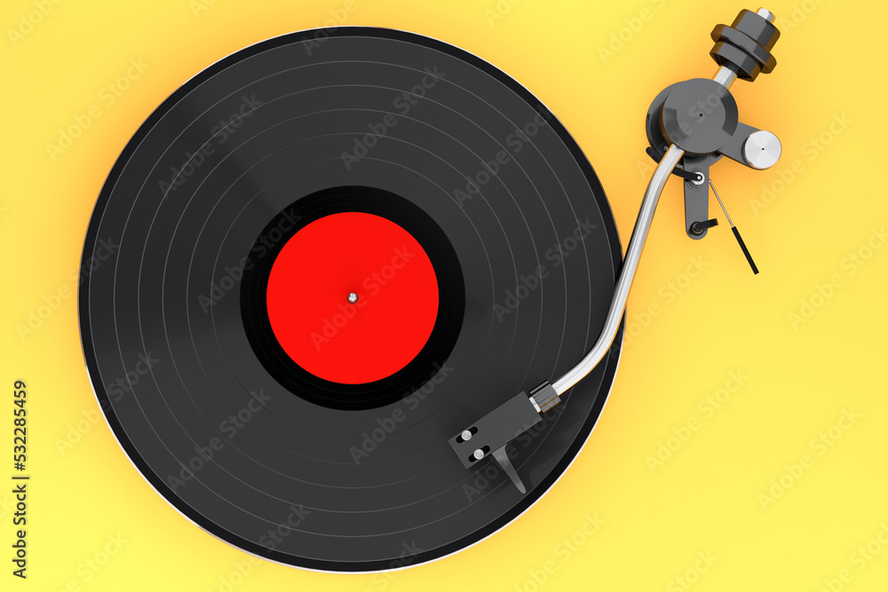Fototapeta premium Vinyl record player or DJ turntable with retro vinyl disk on yellow background.